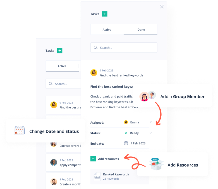 Tasks: Add a Group Member, Change Date and Status, Add Resources